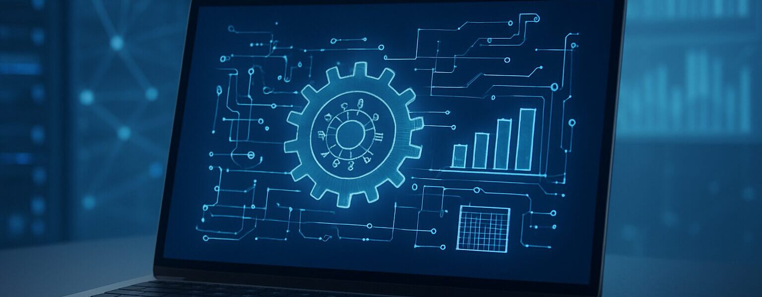 Laptop displaying a digital representation of engineering symbols and data analytics