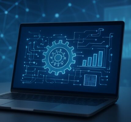 Laptop displaying a digital representation of engineering symbols and data analytics