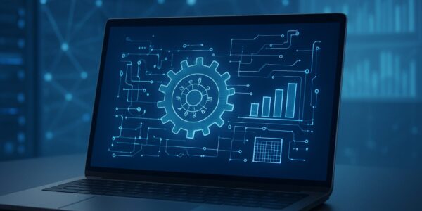 Laptop displaying a digital representation of engineering symbols and data analytics