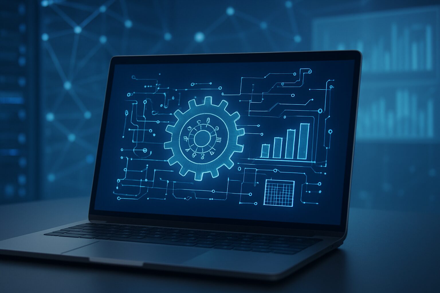 Laptop displaying a digital representation of engineering symbols and data analytics