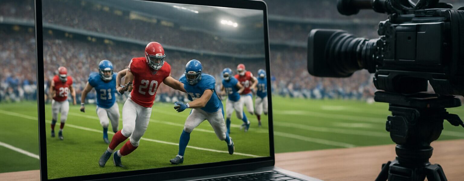 A laptop displaying a football game, with players in action on the screen and a camera positioned next to it.