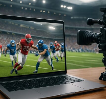 A laptop displaying a football game, with players in action on the screen and a camera positioned next to it.
