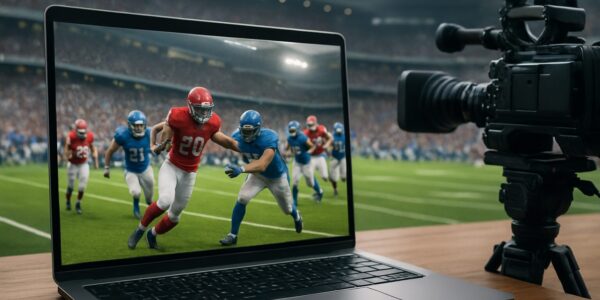 A laptop displaying a football game, with players in action on the screen and a camera positioned next to it.