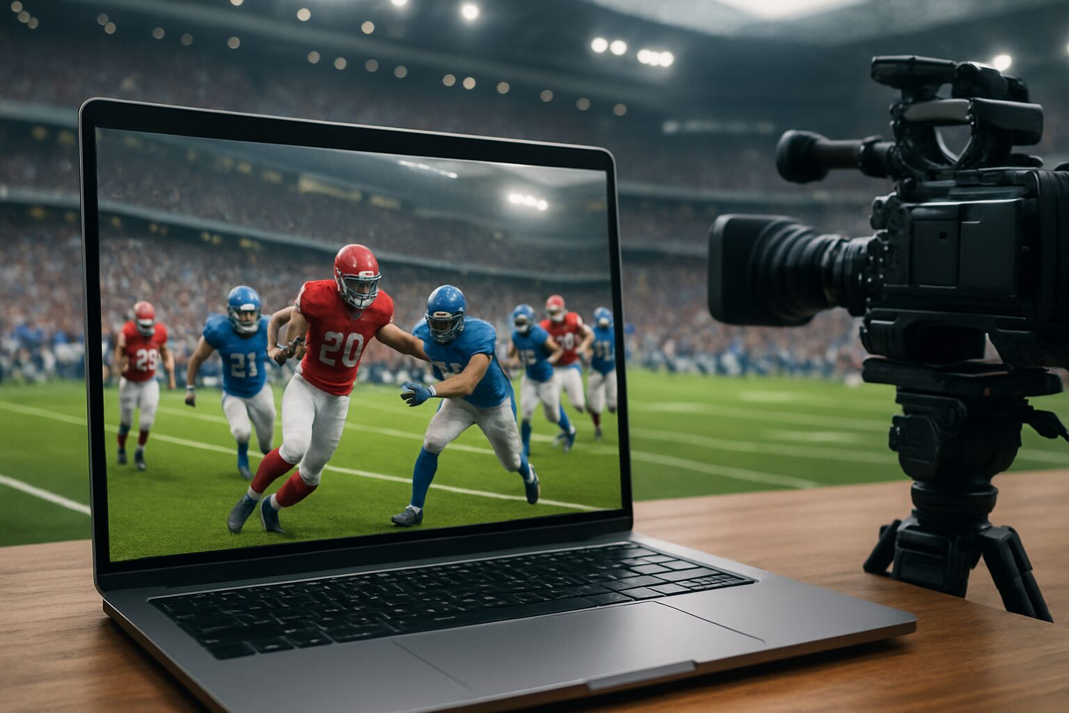 A laptop displaying a football game, with players in action on the screen and a camera positioned next to it.