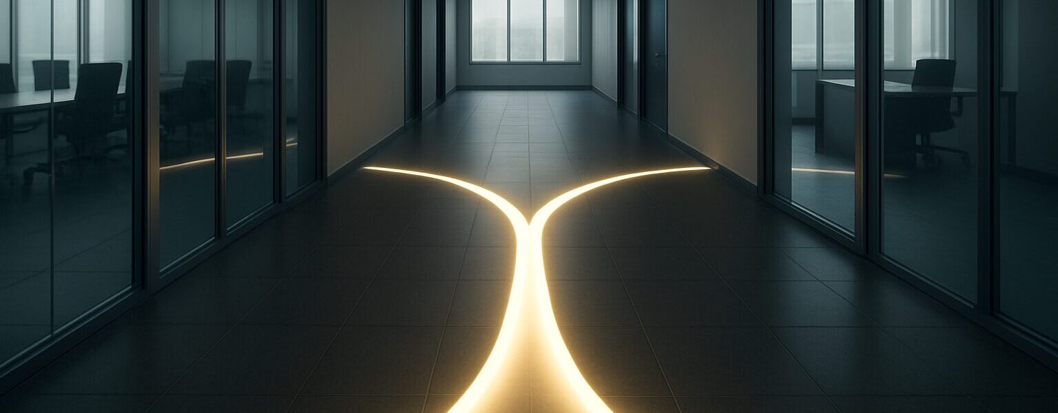 A modern office hallway with illuminated flooring and glass-walled meeting rooms