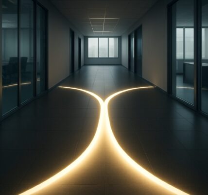 A modern office hallway with illuminated flooring and glass-walled meeting rooms