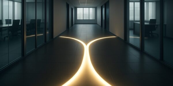 A modern office hallway with illuminated flooring and glass-walled meeting rooms