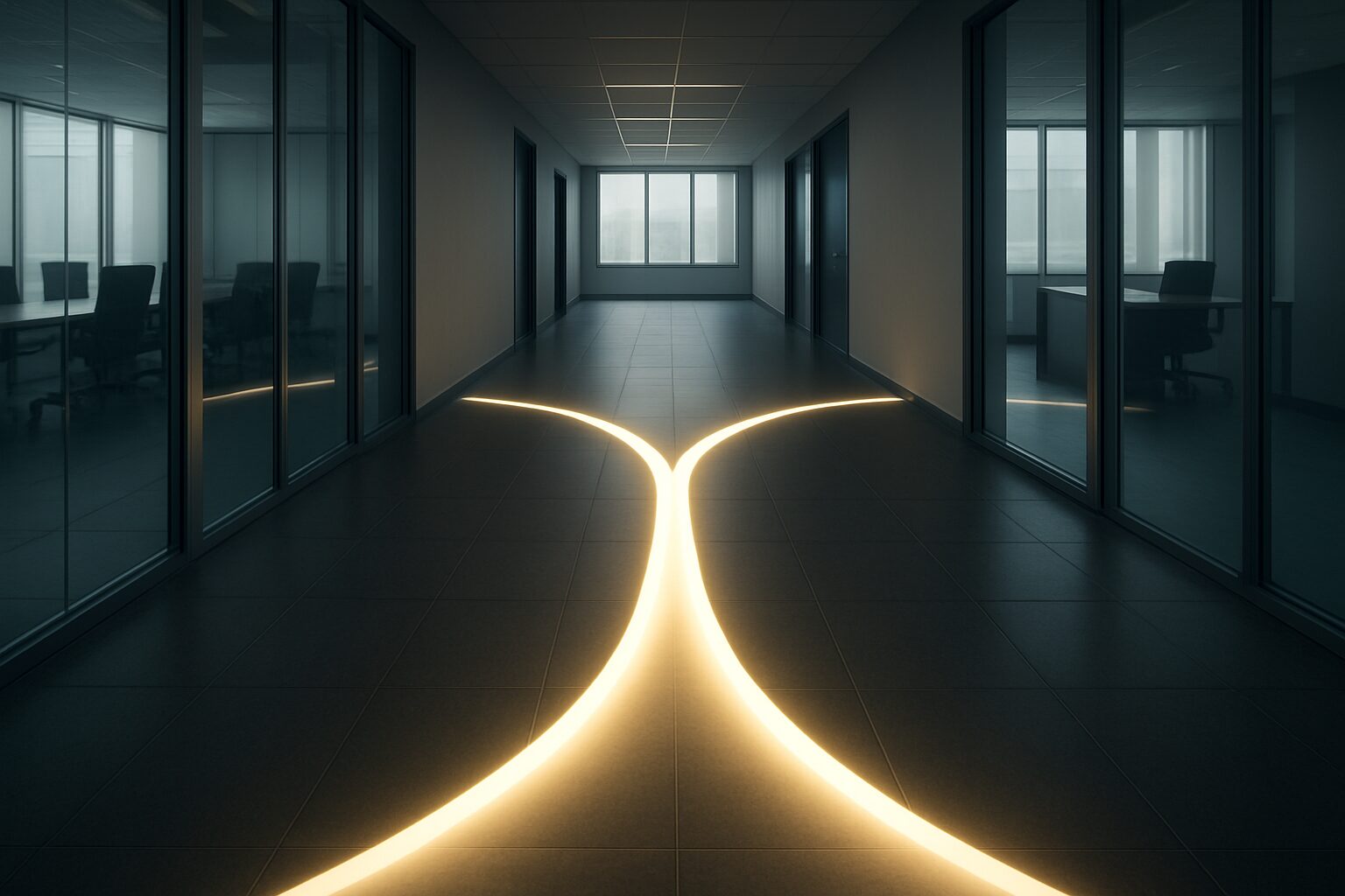 A modern office hallway with illuminated flooring and glass-walled meeting rooms