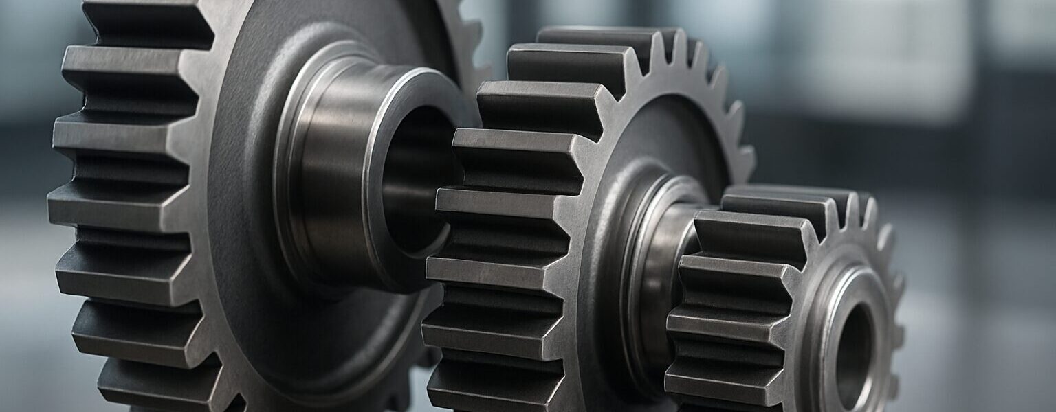 Close-up view of three metallic gears on a work surface, highlighting precision engineering components.
