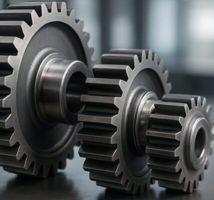 Close-up view of three metallic gears on a work surface, highlighting precision engineering components.