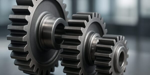 Close-up view of three metallic gears on a work surface, highlighting precision engineering components.