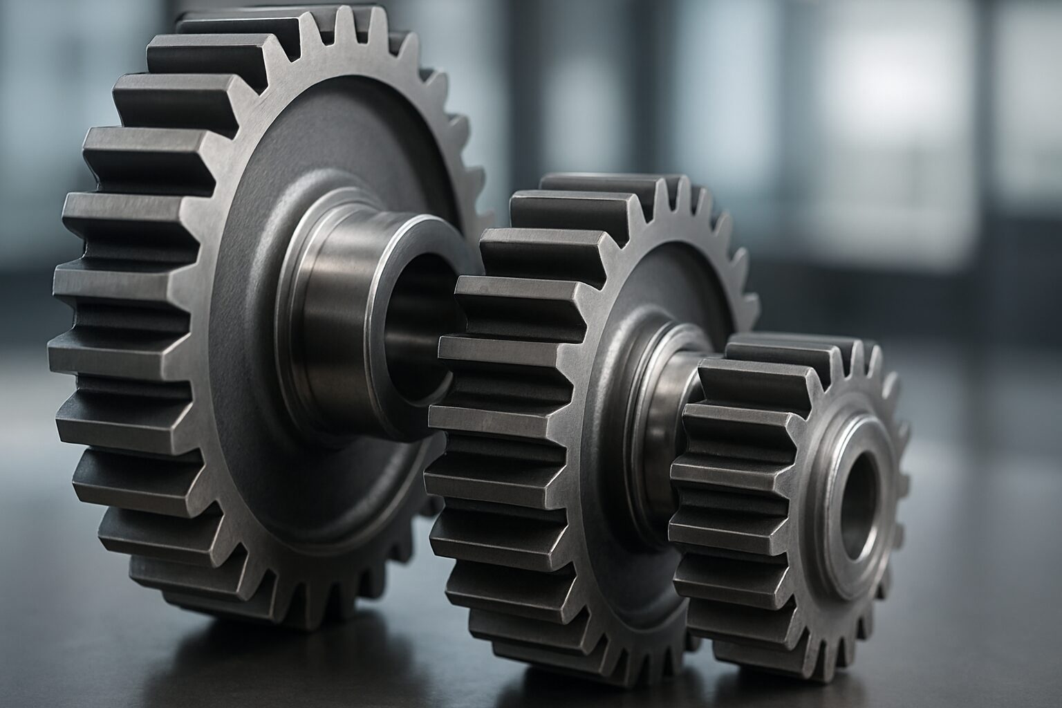 Close-up view of three metallic gears on a work surface, highlighting precision engineering components.