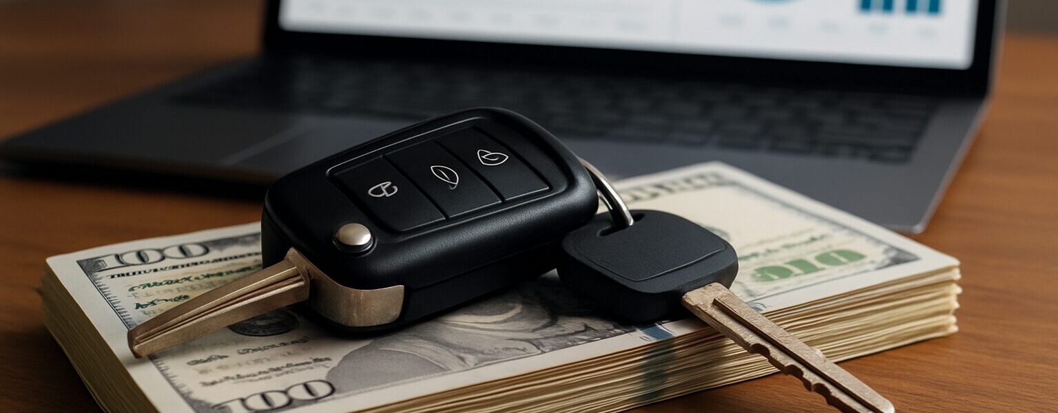 Car keys resting on a stack of cash on a wooden desk with a blurred laptop in the background
