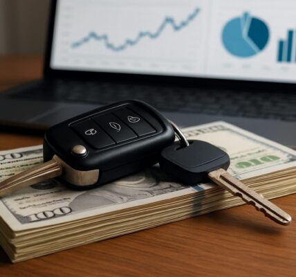 Car keys resting on a stack of cash on a wooden desk with a blurred laptop in the background