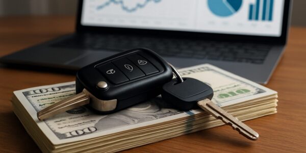 Car keys resting on a stack of cash on a wooden desk with a blurred laptop in the background