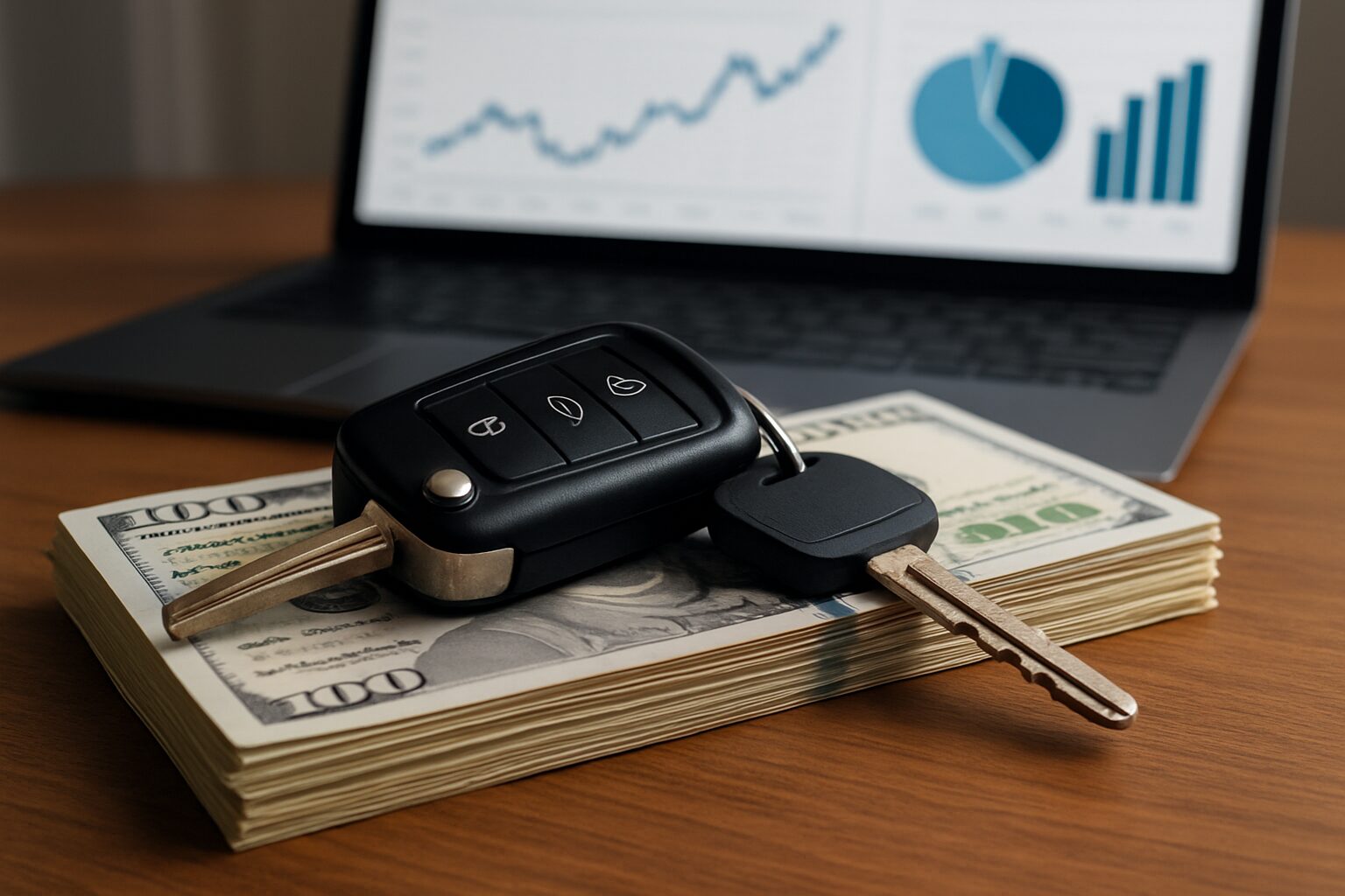 Car keys resting on a stack of cash on a wooden desk with a blurred laptop in the background