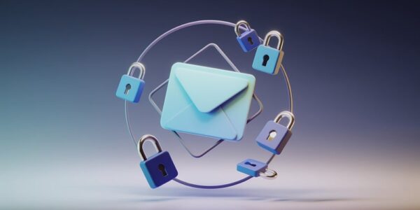 A digital email icon surrounded by blue locks, symbolizing email security.