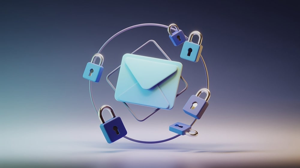 A digital email icon surrounded by blue locks, symbolizing email security.