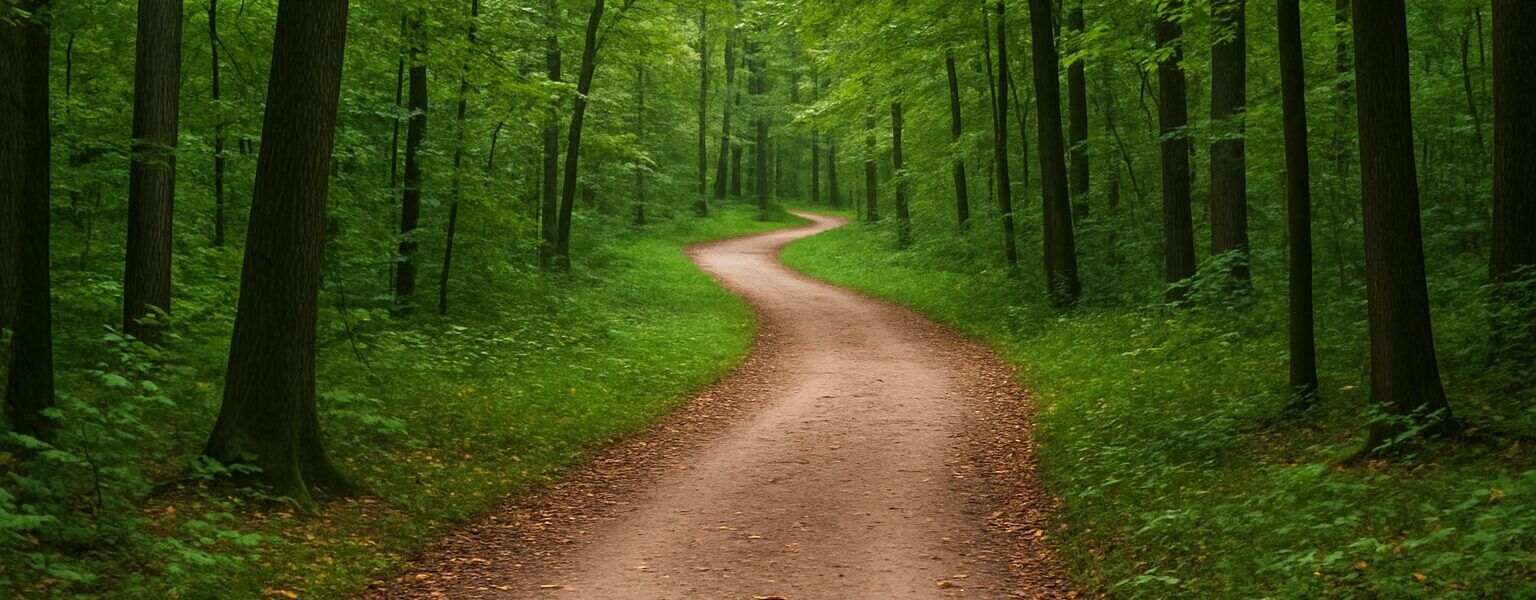 Winding path through a lush green forest