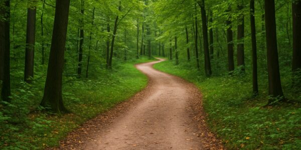 Winding path through a lush green forest