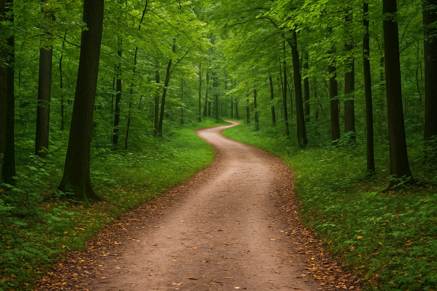 Winding path through a lush green forest